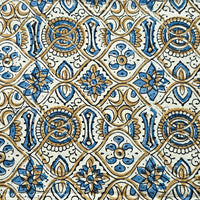 Pure Cotton Ajrak Cream With Blue And  Mustard Intricate Design Hand Block Print Fabric