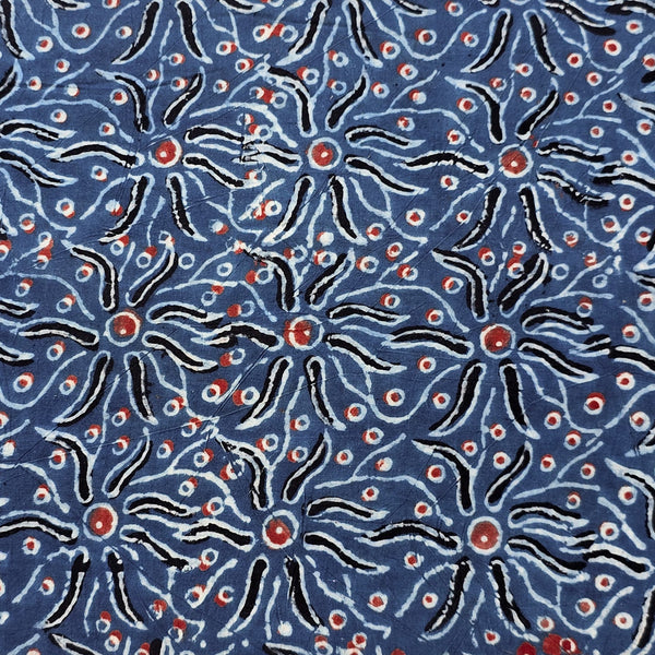(PRE-CUT 1.40 METER) Pure Cotton Ajrak Rust Blue With Red Sunflower Design Hand Block Print Fabric