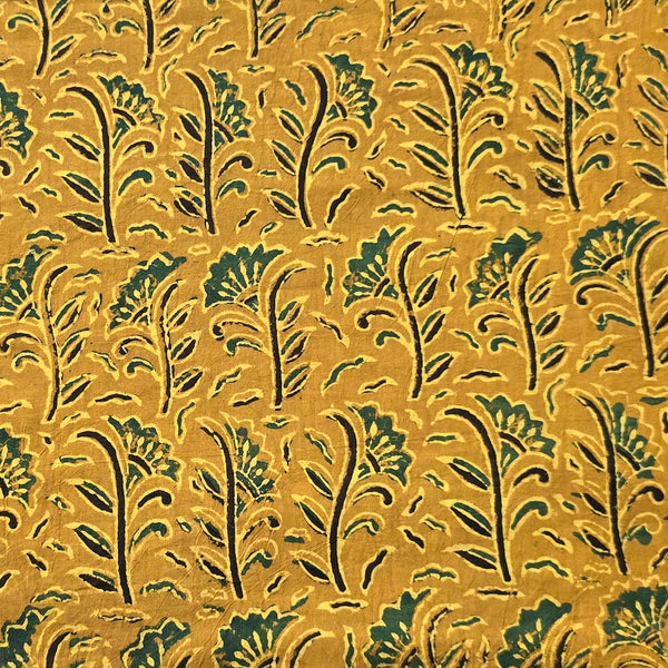 Pure Cotton Ajrak Yellow With Rust Green Flower Plant Motif Hand Block Print Fabric