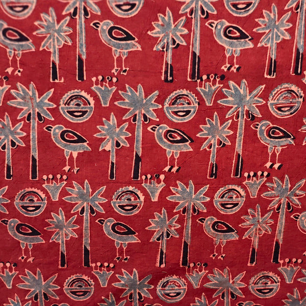 Pure Cotton Ajrak Rust Red With Rust Blue Coconut Tree Farm Hand Block Print Fabric