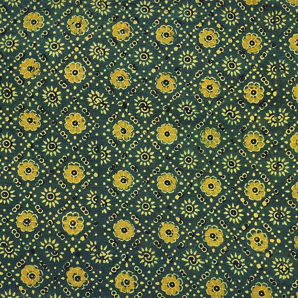 (PRE-CUT 1.5 METER) Pure Cotton Ajrak Green With Mustard  Diagonal Mesh Flowers Motifs  Hand Block Print Fabric