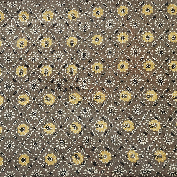 Pure Cotton Ajrak Taupe With Mustard Diagonal Mesh Flowers Motifs Hand Block Print Fabric