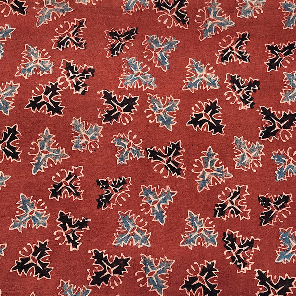 Pure Cotton Ajrak Rust Red With  Black And Blue Motif Hand Block Print Fabric