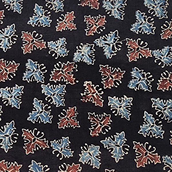 Pure Cotton Ajrak Black With Blue And Red Motif Hand Block Print Fabric