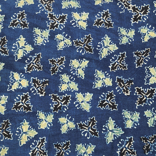 Pure Cotton Ajrak Rust Blue With Black And Mustard Motif Hand Block Print Fabric