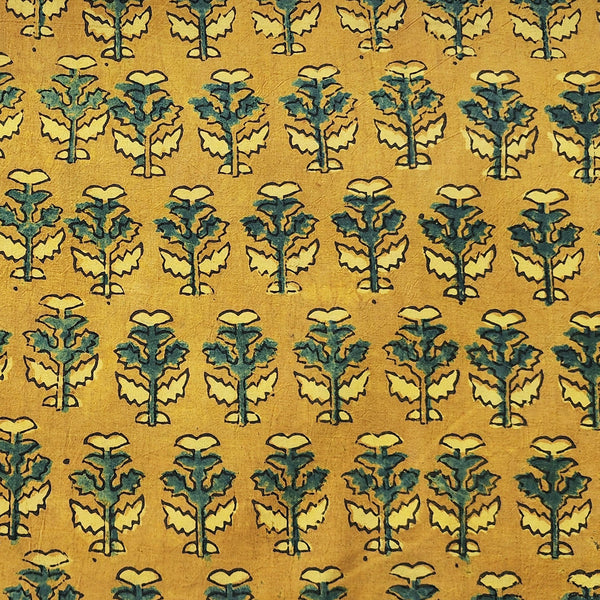 Pure Cotton Ajrak Yellow With Green Motif Hand Block Print Fabric