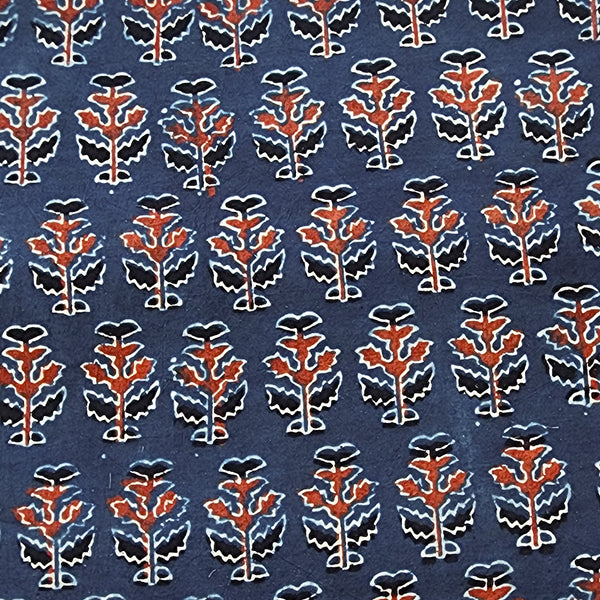 Pure Cotton Ajrak Rust Blue With Red Motif Hand Block Print Fabric
