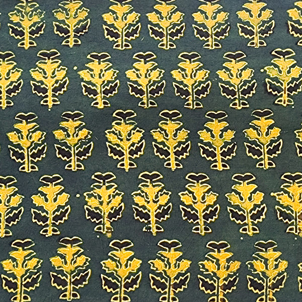 Pure Cotton Ajrak Dark Green  With Yellow Motif Hand Block Print Fabric