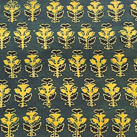 Pure Cotton Ajrak Dark Green  With Yellow Motif Hand Block Print Fabric