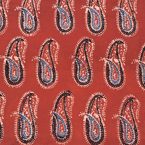 Pure Cotton Ajrak Red With Black And Blue Kairi Motif Hand Block Print Fabric