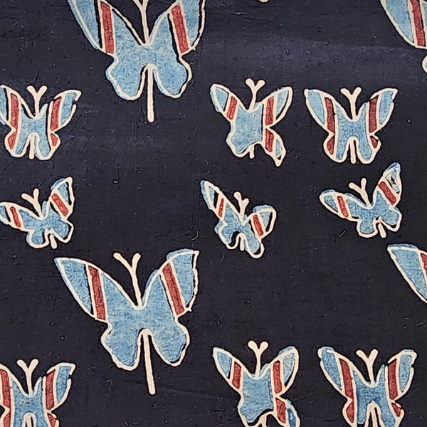 ( Pre-Cut 1.90 Meter ) Pure Cotton Ajrak Black With Blue Butterfly Hand Block Print Fabric