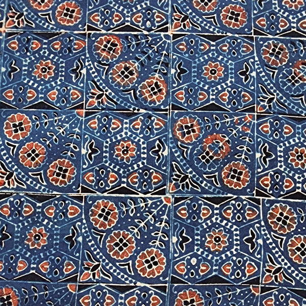 Pure Cotton Ajrak Rust Blue With Intricate Tiles Design Hand Block Print Fabric