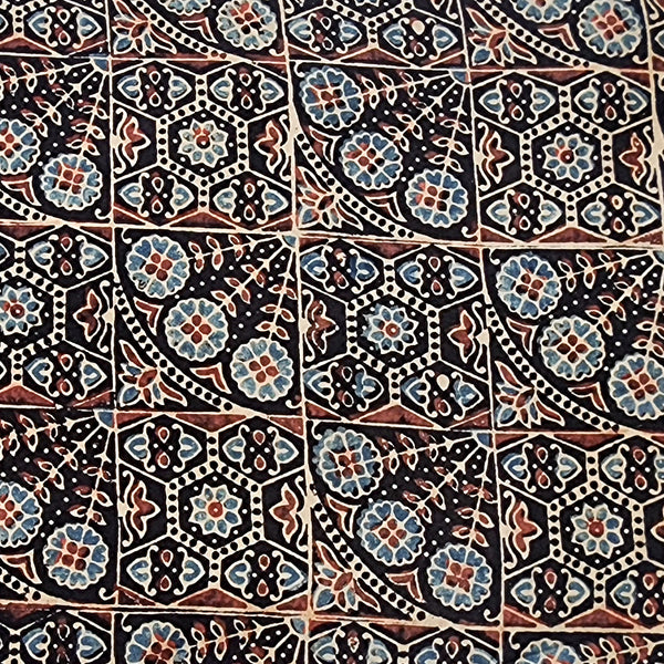 Pure Cotton Ajrak Rust Blue With Intricate Tiles Design Hand Block Print Fabric