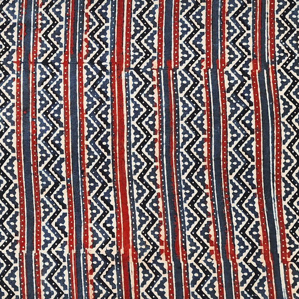 Pure Cotton Ajrak Blue With Red Zig Zag Border Stripes Hand Block Print Fabric