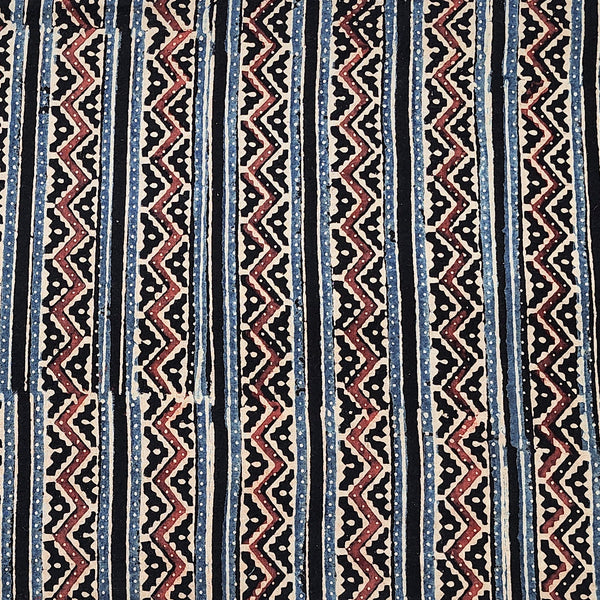 Pure Cotton Ajrak Black With Red Zig Zag Border Stripes Hand Block Print Fabric