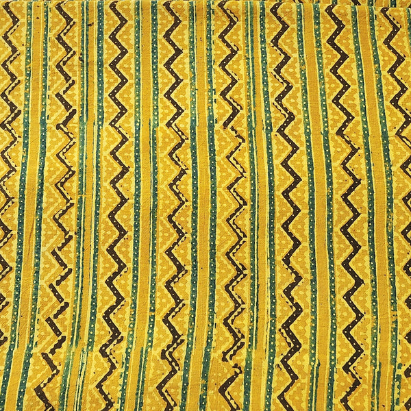 Pure Cotton Ajrak Yellow With Green Zig Zag Stripes Border  Hand Block Print Fabric