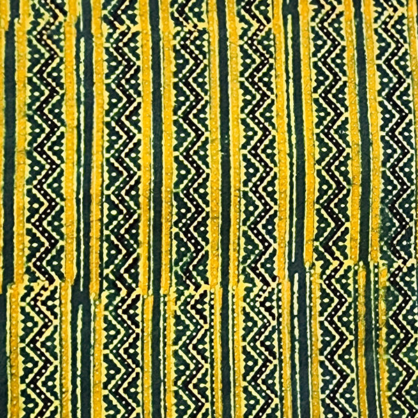 Pure Cotton Ajrak Green With Yellow Zig Zag Stripes Border  Hand Block Print Fabric
