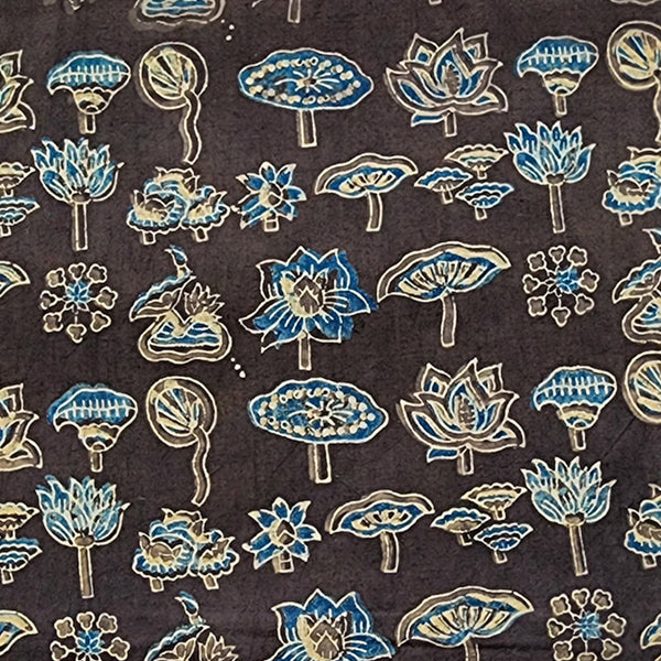 Pure Cotton Ajrak Brown With Blue Motif Hand Block Print Fabric