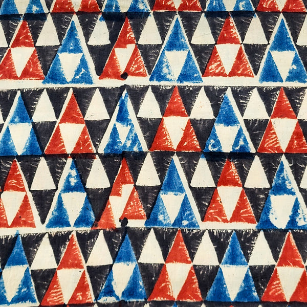 Pure Cotton Ajarak Cream With Blue And Red Triangles Hand Block Print Fabric