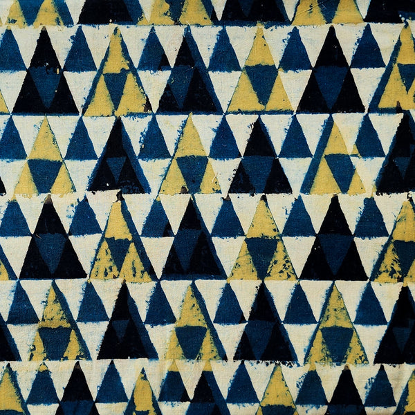 Pure Cotton Ajrak Cream With Mustard And Black Triangles  Hand Block Print Fabric