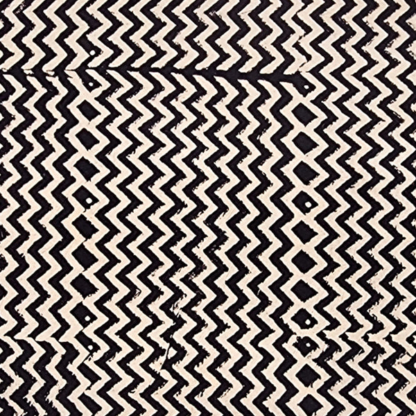 Pure Cotton Ajrak Black With Off White Zig-Zag Hand Block Print Fabric