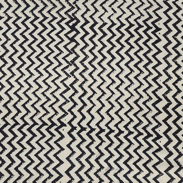 Pure Cotton Ajrak Cream With Black Zig-Zag Hand Block Print Fabric
