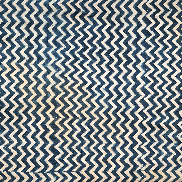 Pure Cotton Ajrak Blue With Cream Zig-Zag Hand Block Print Fabric