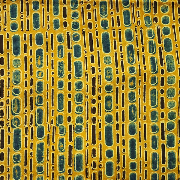 Pure Cotton Ajrak Yellow With Green Big And Small Bubbles Hand Block Print Fabric