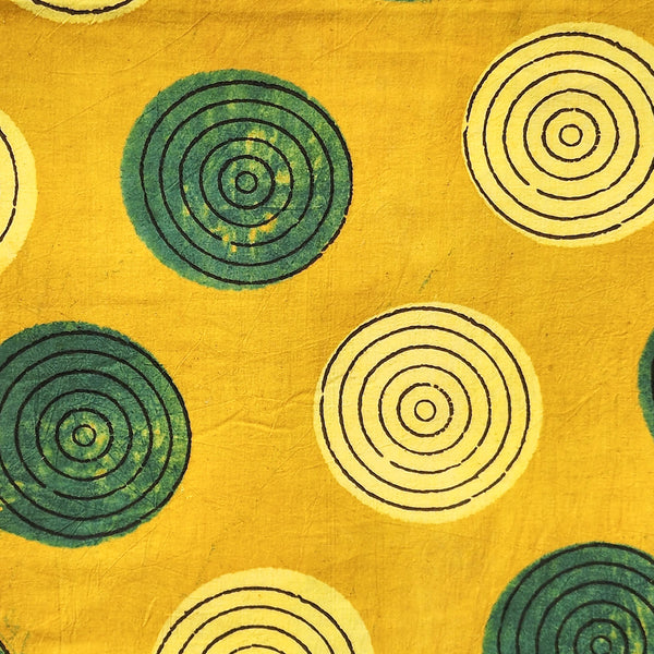 Pure Cotton Ajrak Yellow With Green Ring Circle Motif Hand Block Print Fabric