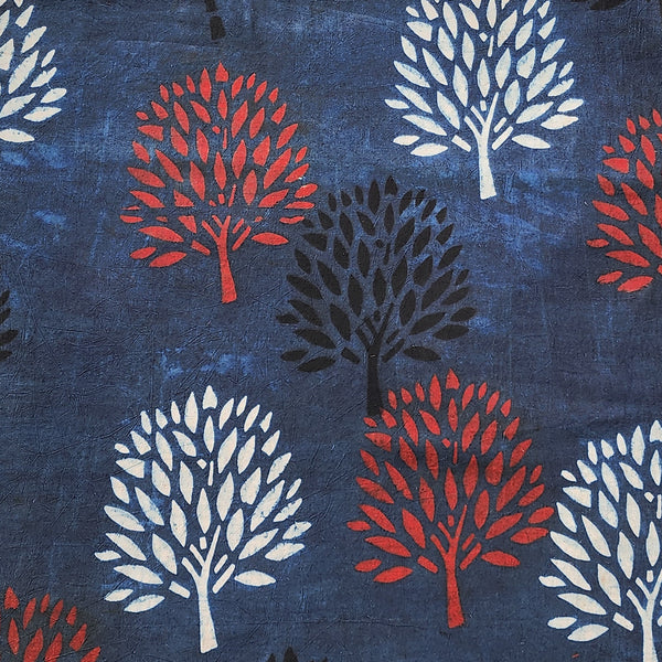 Pure Cotton Ajrak Blue With Cream And Red Banyan Tree Motif Hand Block Print Fabric