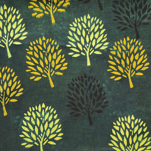 (PRE-CUT 1.50 METER) Pure Cotton Ajrak Green With Yellow Banyan Tree Motif Hand Block Print Fabric