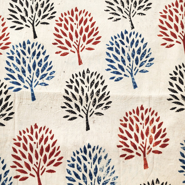 (Pre-cut 0.80 meter)Pure Cotton Ajrak Cream With Black And Red Blue Banyan Tree Motif Hand Block Print Fabric