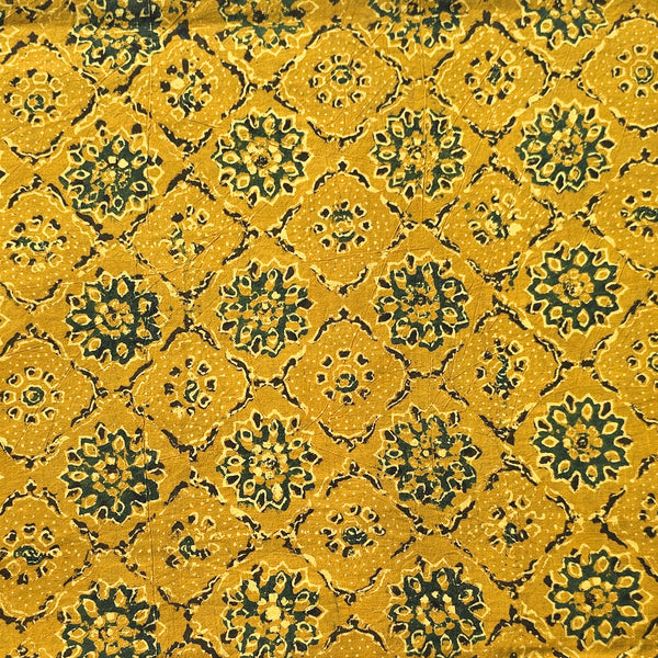 Pure Cotton Ajrak Yellow With Green Intricate Design Hand Block Print Fabric
