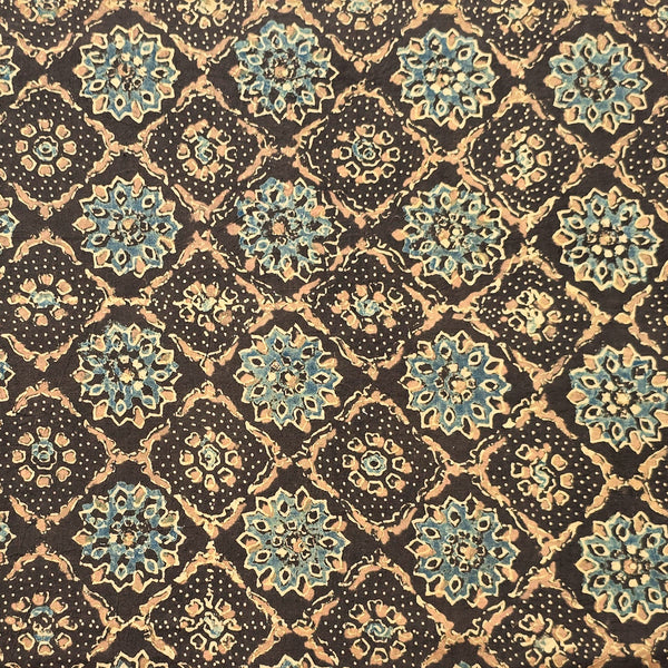 Pure Cotton Ajrak Sandy Brown With Blue Intricate Design Hand Block Print Fabric