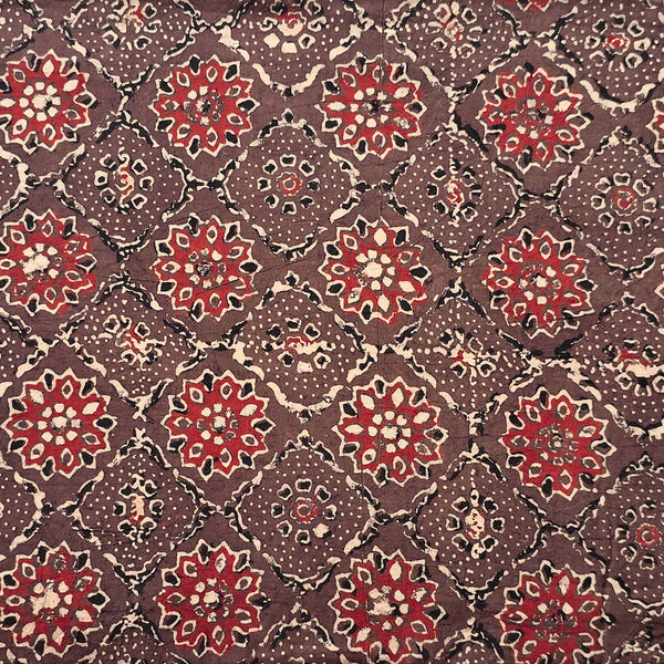Pure Cotton Ajrak Brown  With Rust Red Intricate Design Hand Block Print Fabric