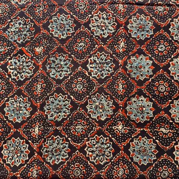 Pure Cotton Ajrak Black With Blue Intricate Design  Hand Block Print Fabric
