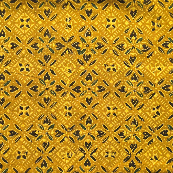 Pure Cotton Ajrak Yellow With Intricate Design Hand Block Print Fabric