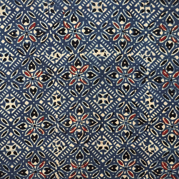 Pure Cotton Ajrak Blue With Intricate Design Hand Block Print Fabric