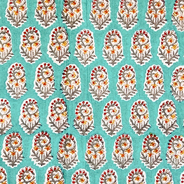 (PRE-CUT 1 METER) Pure Cotton Jaipuri Sea Blue With Red Flower Motif Hand Block Print Fabric