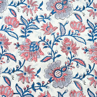 Pure Cotton Jaipuri White With Blue Flower Jaal Hand Block Print Fabric