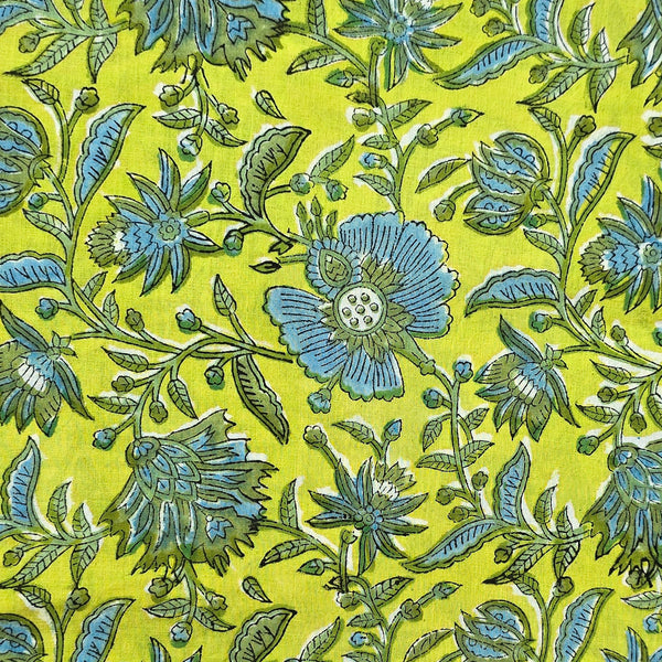 (PRE-CUT 1.30 METER) Pure Cotton Jaipuri Green With Blue Flower Jaal Hand Block Print Fabric