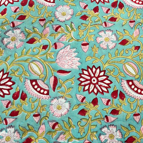 (PRE-CUT 1.40 METER) Pure Cotton Jaipuri Sky Blue With Red Flower Jaal Hand Block Print Fabric