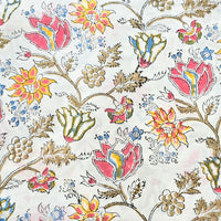 Pure Cotton Jaipuri White With Pink And Yellow Flower Jaal Hand Block Print Fabric