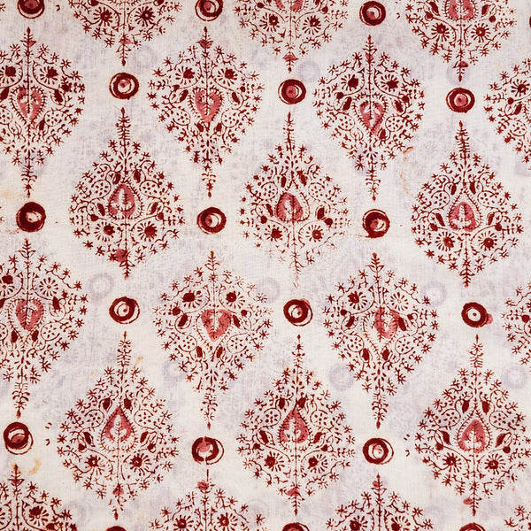 ( Pre-Cut 2  Meter ) Pure Cotton Mul Kalamkari Cream With Red Intricate Design Motif Hand Block Print Fabric
