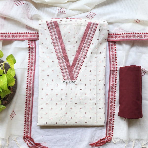 AARVI- Handloom White With Red V Neck Suit