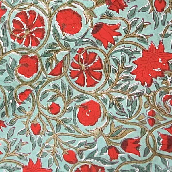 (PRE-CUT 1 METER) Pure Cotton Jaipuri Teal Green With Red Flower Jaal Hand Block Print Fabric