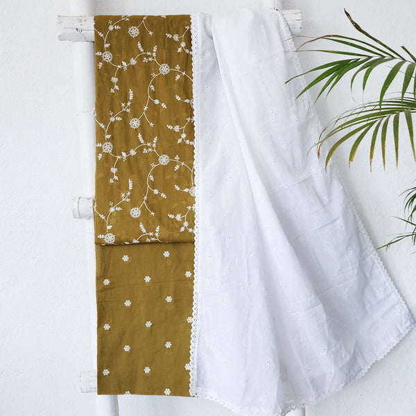 AARVI- Pure Cotton Mehndi Green And White Flower Jaal With Gold Sequence Embroidery Suit