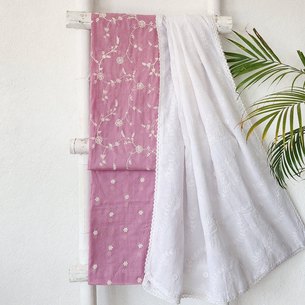 AARVI- Pure Cotton Light Pink And White Flower Jaal With Gold Sequence Embroidery Suit