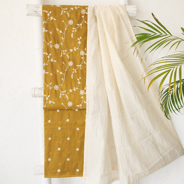 AARVI- Pure Cotton Mustard And White Flower Jaal With Gold Sequence Embroidery Suit