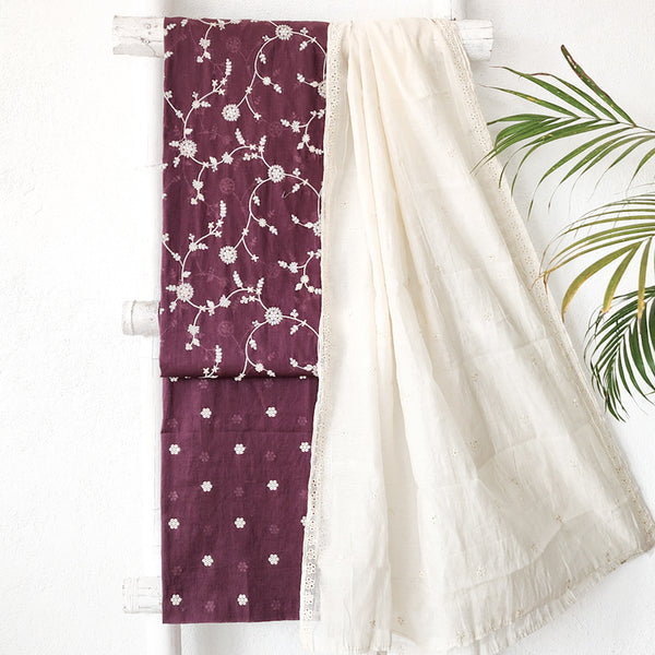 AARVI- Pure Cotton Old Mauve And White Flower Jaal With Gold Sequence Embroidery Suit